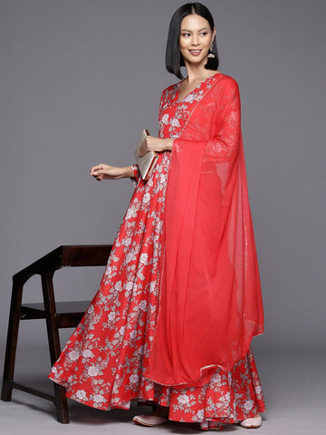 Red Floral Printed Angrakha Style Anarkali Kurta Paired With Chiffon Solid Dupatta